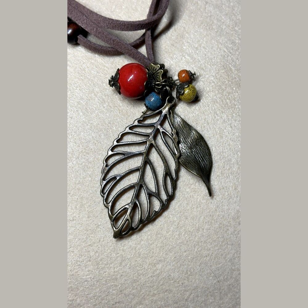 Boho Leaf Pendant Necklace Suede Cord Beaded Antique Silver Bronze NWT